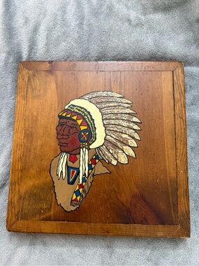 Vintage Wood Burned Hand Painted Native American Chief In Head Dress Table Art